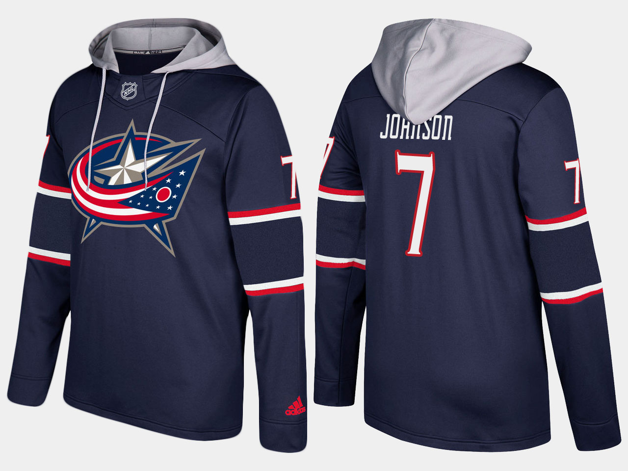 Men NHL Columbus blue jackets #7 jack johnson navy blue hoodie
